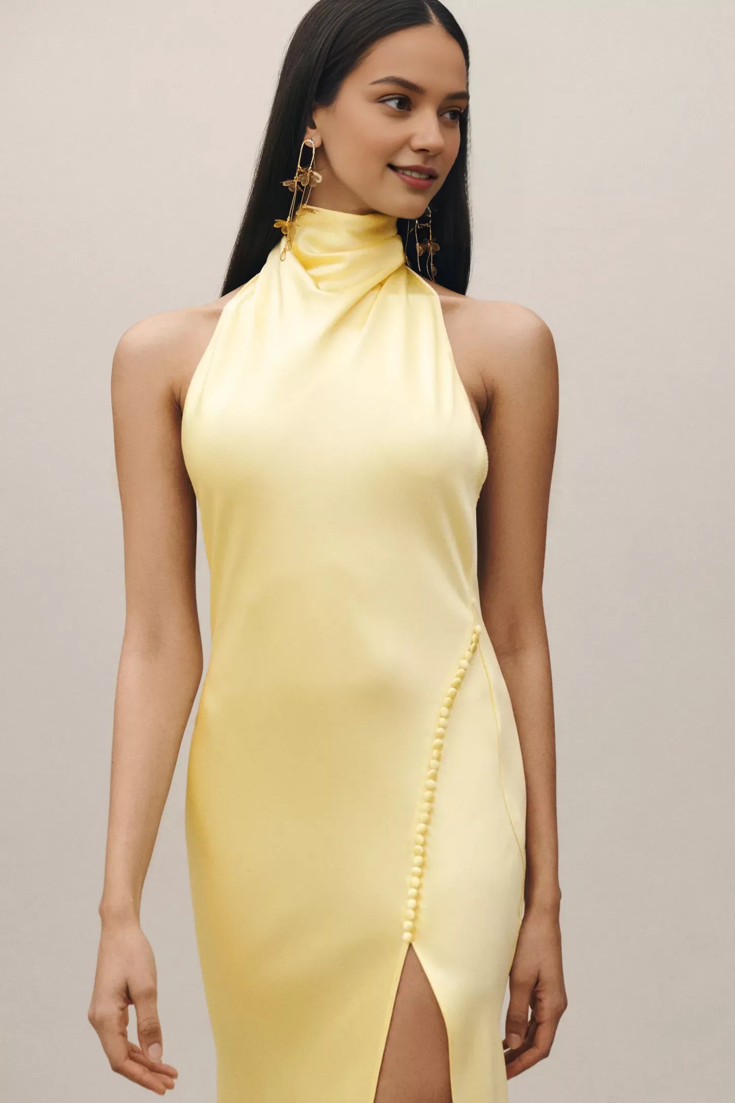 Robe Weitese à col montant et dos nu en satin sans manches, robe de bal bleu ciel, robe longue simple avec fente latérale